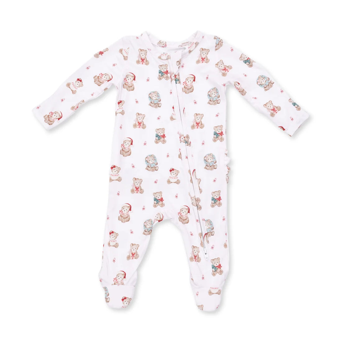 A white long-sleeve footed sleeper with an all-over print of teddy bears and Santa Claus, shown flat on a white background.