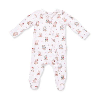 A white long-sleeve footed sleeper with an all-over print of teddy bears and Santa Claus, shown flat on a white background.