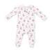 A white long-sleeve footed sleeper with an all-over print of teddy bears and Santa Claus, shown flat on a white background.