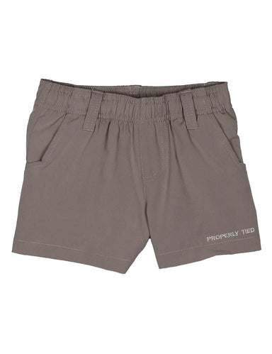 Brown shorts with 'Properly Tied' branding on a white background