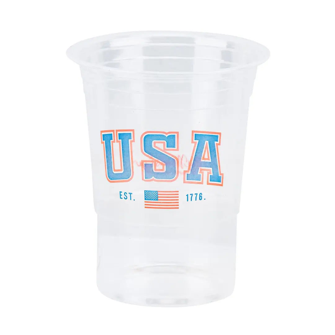 Clear plastic cup with 'USA' text and American flag on a white background