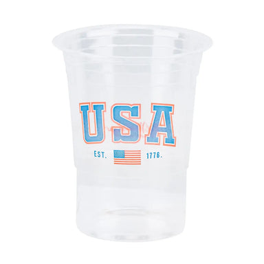 Clear plastic cup with 'USA' text and American flag on a white background