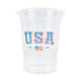 Clear plastic cup with 'USA' text and American flag on a white background