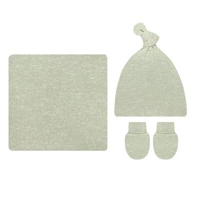 A baby knit gift set in a light sage green heathered fabric, including a square blanket, a knotted beanie hat, and a pair of mittens, arranged on a plain white background.