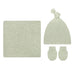 A baby knit gift set in a light sage green heathered fabric, including a square blanket, a knotted beanie hat, and a pair of mittens, arranged on a plain white background.