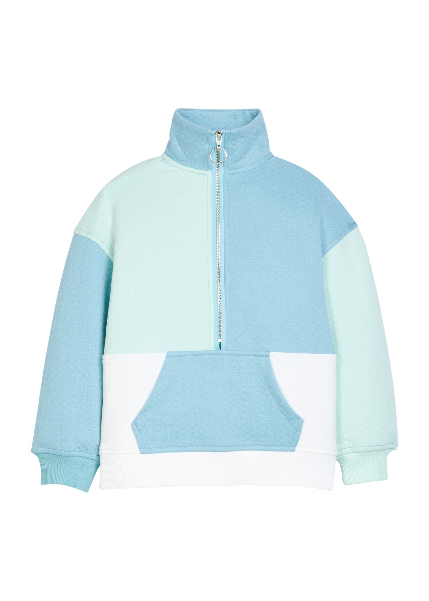 Color-blocked hoodie with pastel shades of blue and green on a white background