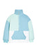 Color-blocked hoodie with pastel shades of blue and green on a white background