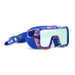 Blue goggles with colorful frame design on a white background