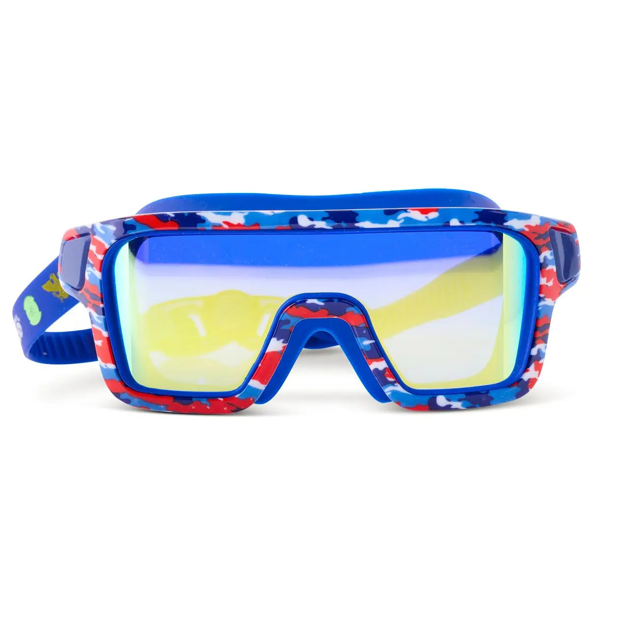 Colorful goggles with a blue frame on a white background