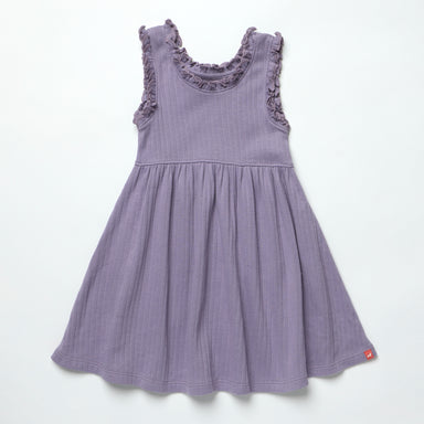 Purple dress with ruffled neckline on a white background