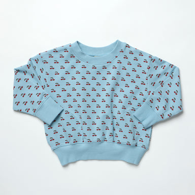 Light blue sweatshirt with small cherry pattern on a white background