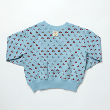 Light blue sweatshirt with cherry pattern on a white background
