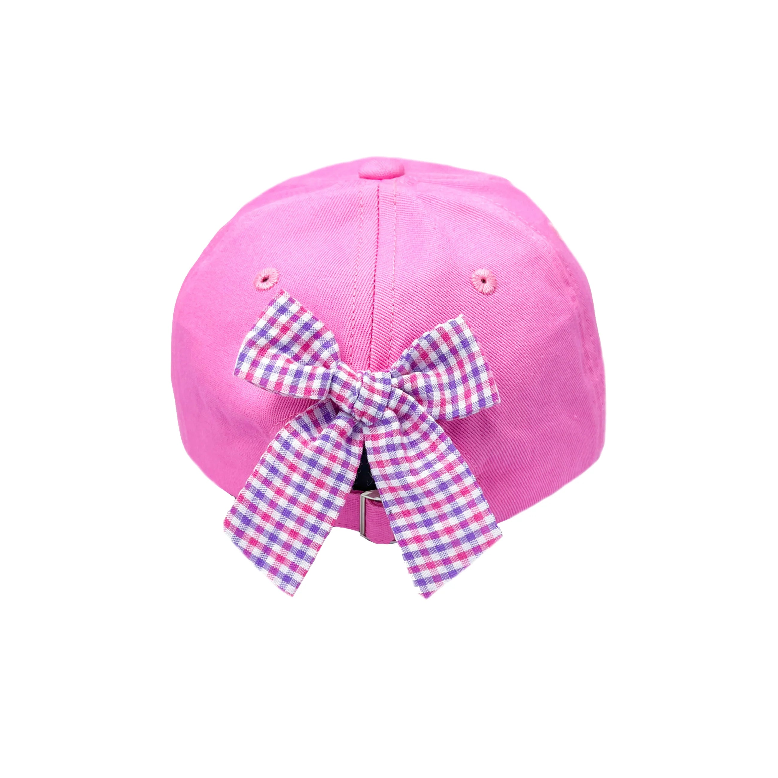 Pink cap with a checkered bow on a white background