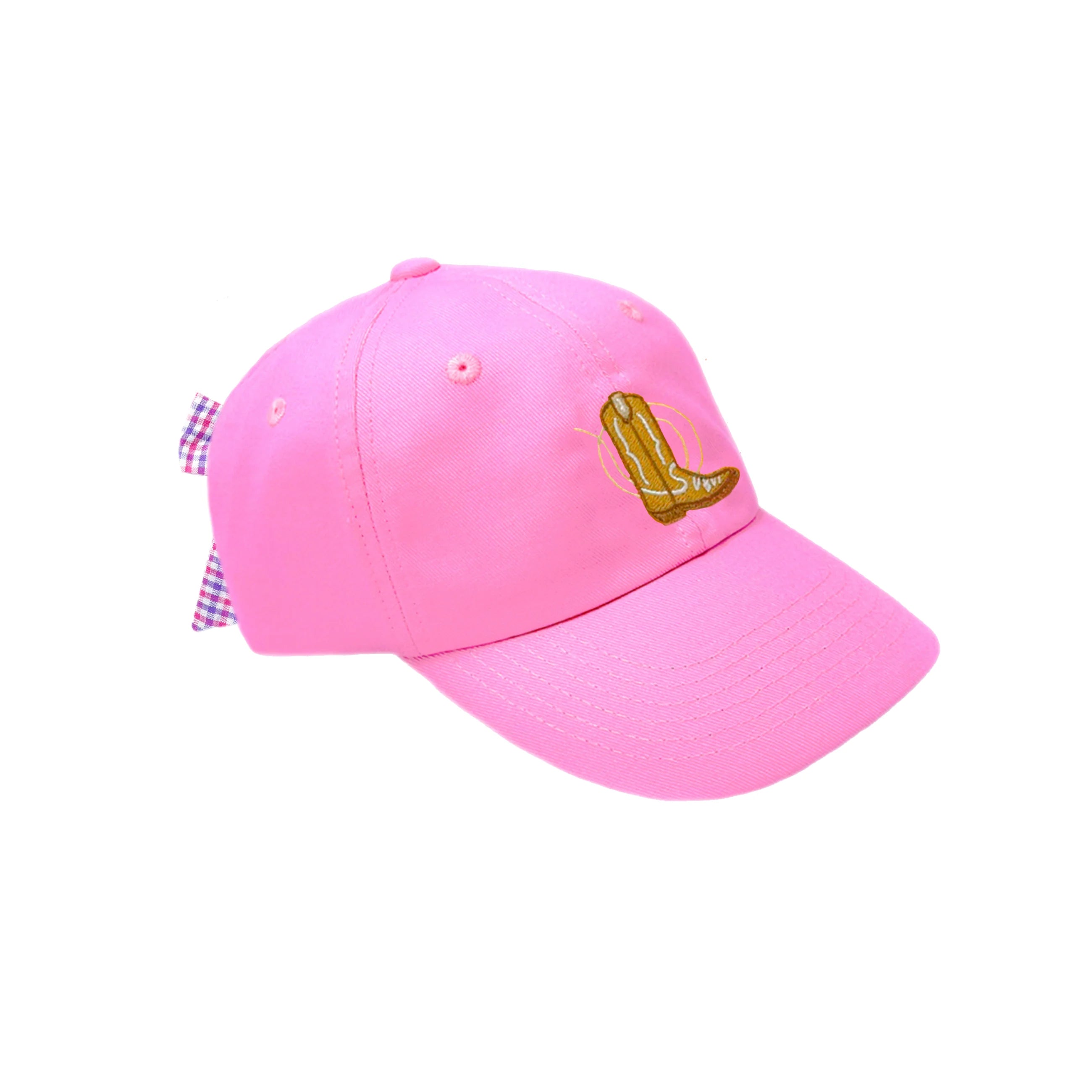 Pink baseball cap with a cowgirl boot patch on a white background