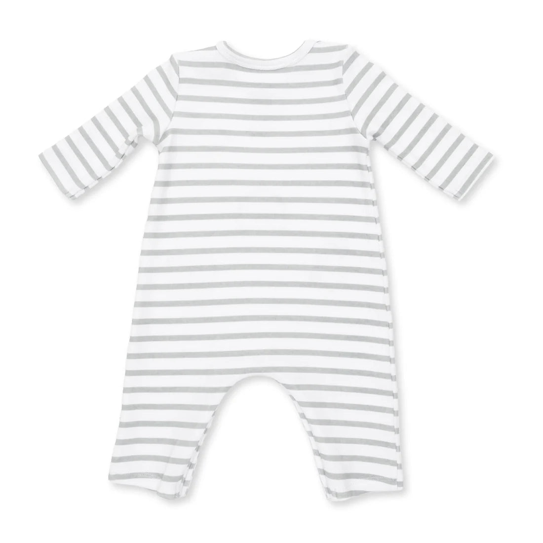A long-sleeve baby romper with horizontal light gray and white stripes, laid flat on a white background.