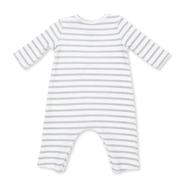 A long-sleeve baby romper with horizontal light gray and white stripes, laid flat on a white background.