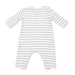 A long-sleeve baby romper with horizontal light gray and white stripes, laid flat on a white background.