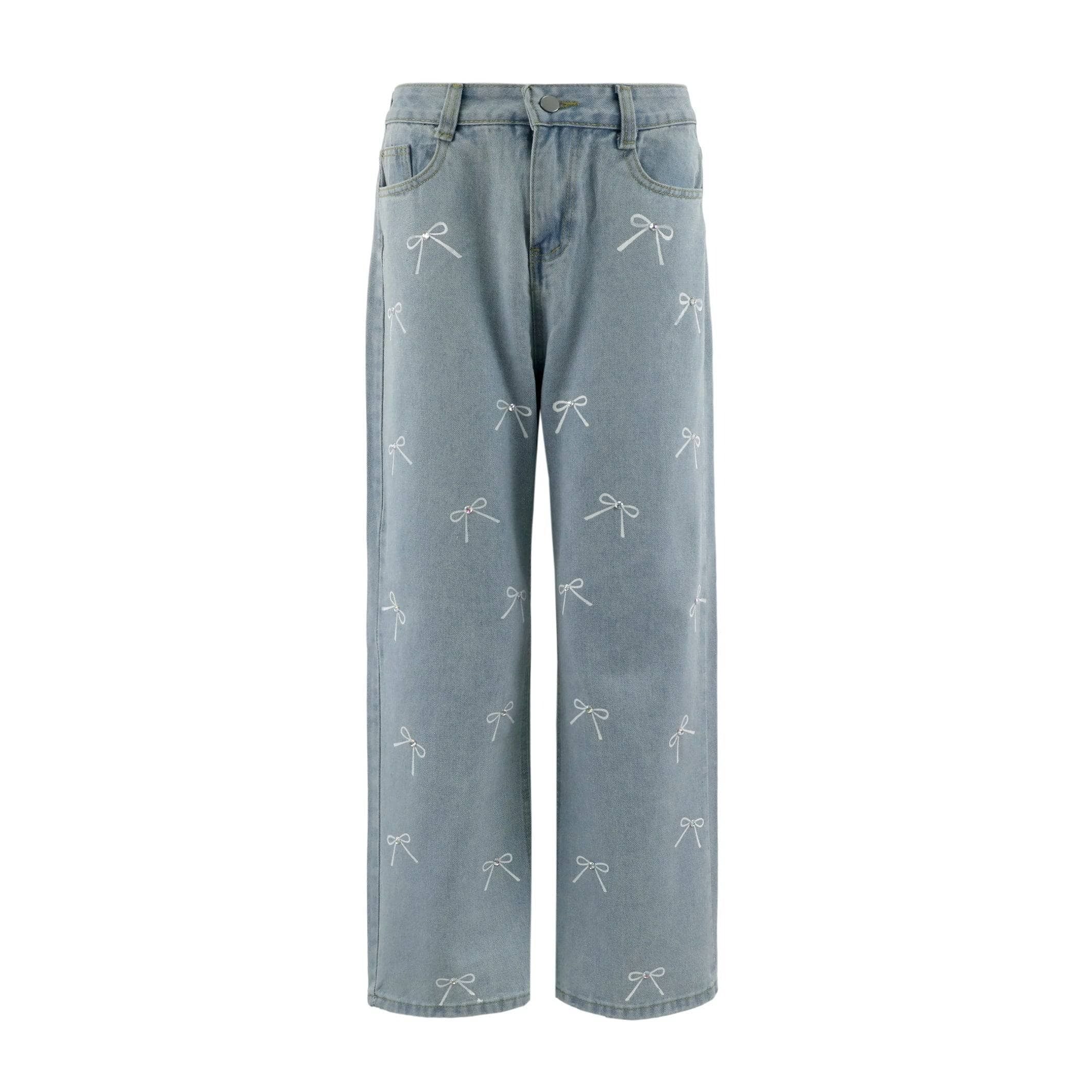 Light blue wide-leg denim jeans with an all-over white embroidered bow pattern, shown against a plain white background.