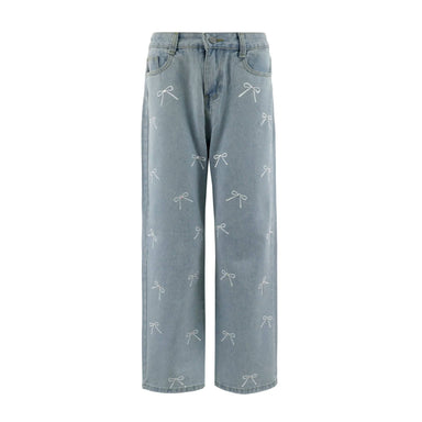 Light blue wide-leg denim jeans with an all-over white embroidered bow pattern, shown against a plain white background.