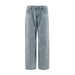 Light blue wide-leg denim jeans with an all-over white embroidered bow pattern, shown against a plain white background.