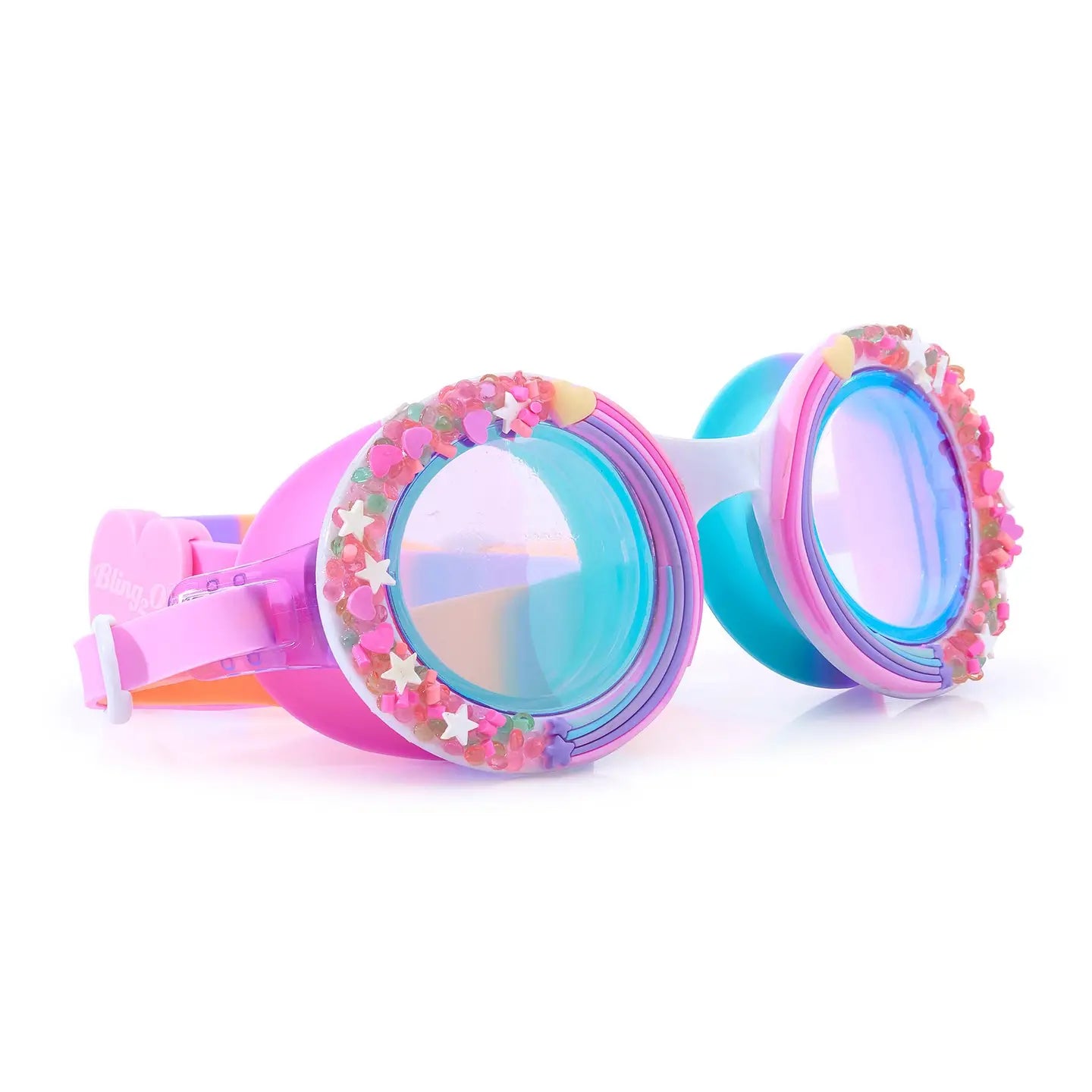 Colorful children's goggles with floral design on a white background