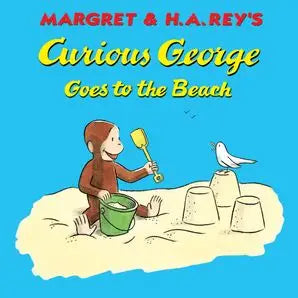 Book cover of 'Curious George Goes to the Beach' with a child playing on the beach.