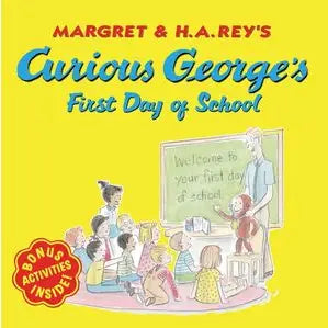 Book cover of 'Curious George's First Day of School' with colorful illustration and yellow background.