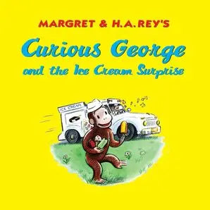 Book cover of 'Curious George and the Ice Cream Surprise' with a yellow background and cartoon illustration.