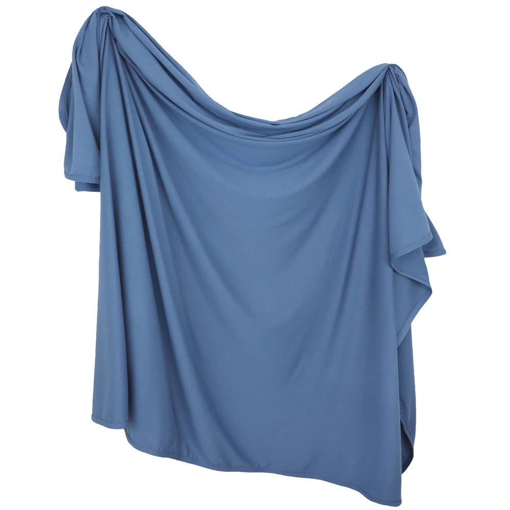 A draped slate blue top or cover-up with short sleeves and a loose, flowing silhouette, shown against a plain white background.