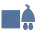A baby gift set featuring a square blue blanket, a knotted blue beanie hat, and a pair of matching blue mittens, all laid out on a plain white background.