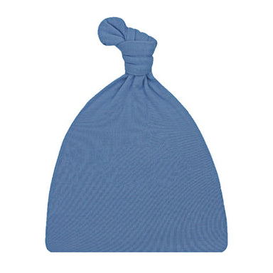 A dusty blue knit baby hat with a knotted top, shown against a plain white background.