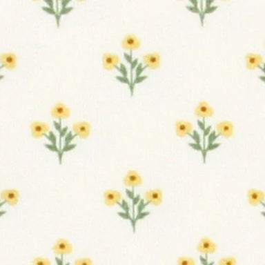 Pattern of yellow flowers with green leaves on a white background