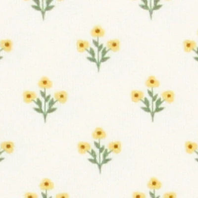 Pattern of yellow flowers with green leaves on a white background