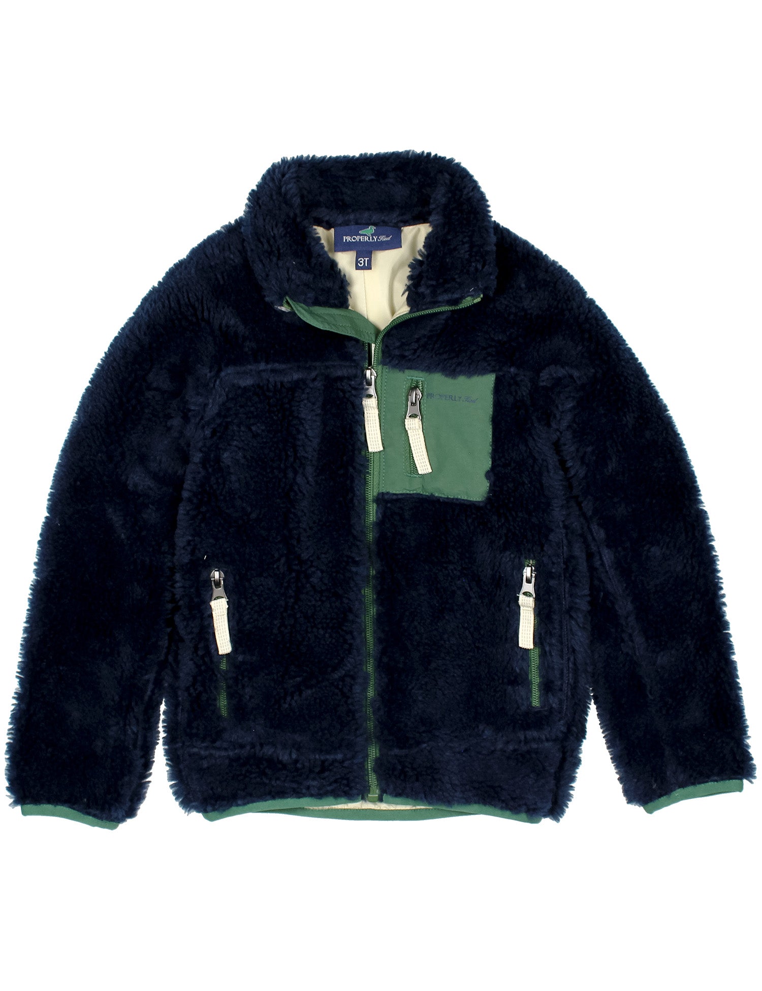 Navy fleece jacket with green accents on a white background