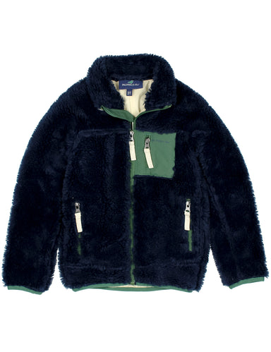 Navy fleece jacket with green accents on a white background