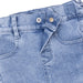 Close-up of blue denim jeans with stitching details on a white background
