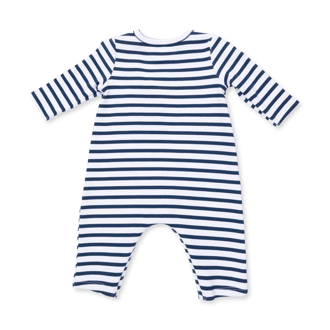 A baby long-sleeve footless romper with horizontal navy blue and white stripes, shown from the back on a white background.