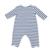 A baby long-sleeve footless romper with horizontal navy blue and white stripes, shown from the back on a white background.