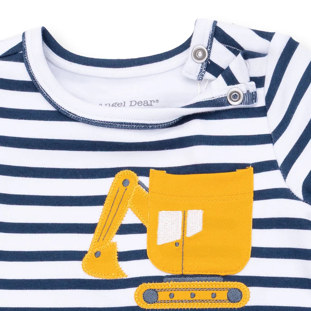 Navy and white striped shirt with yellow excavator design, featuring Angel Dear branding.