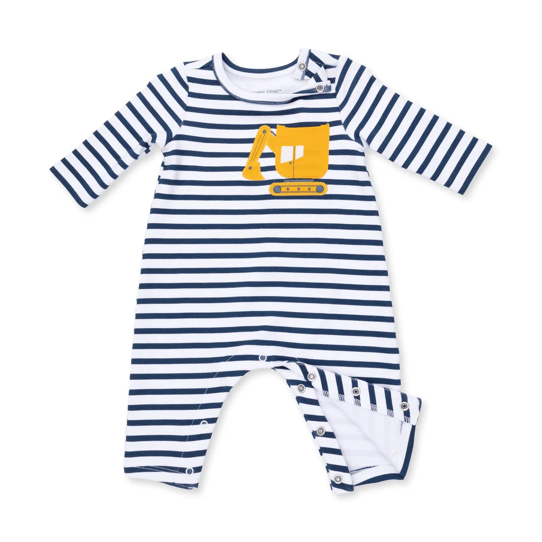 Striped baby romper with excavator design on a white background