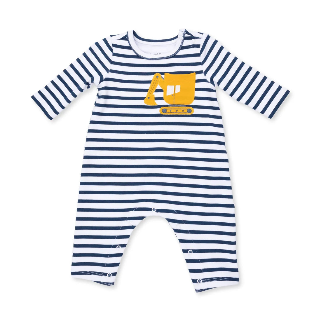 Navy and white striped baby romper with excavator design on a white background