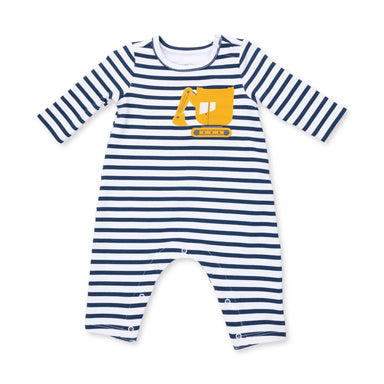 Navy and white striped baby romper with excavator design on a white background