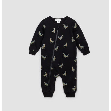long sleeve black zipper romper with green t-rex graphic print all over