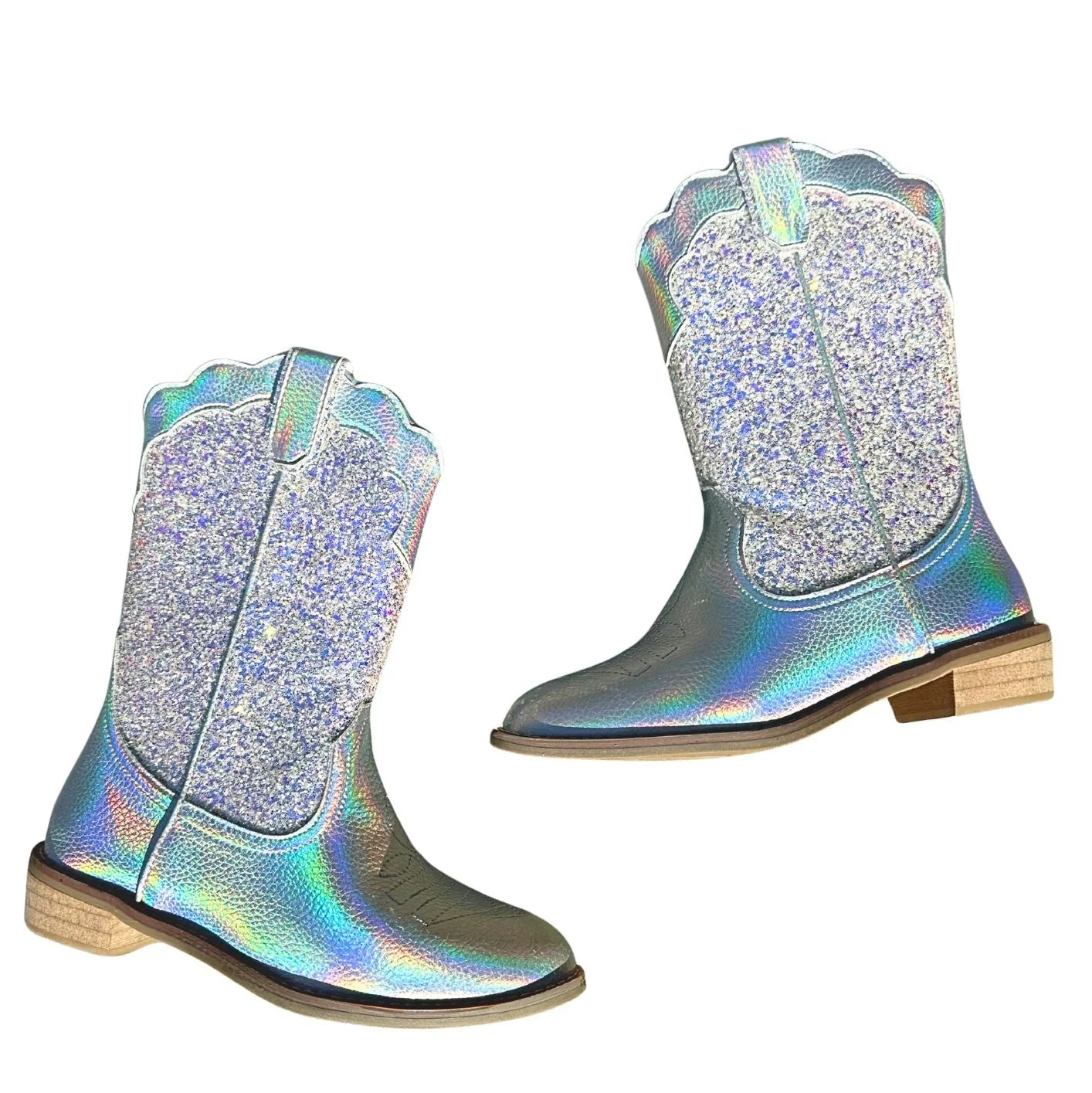 Iridescent glitter cowboy boots on a white background