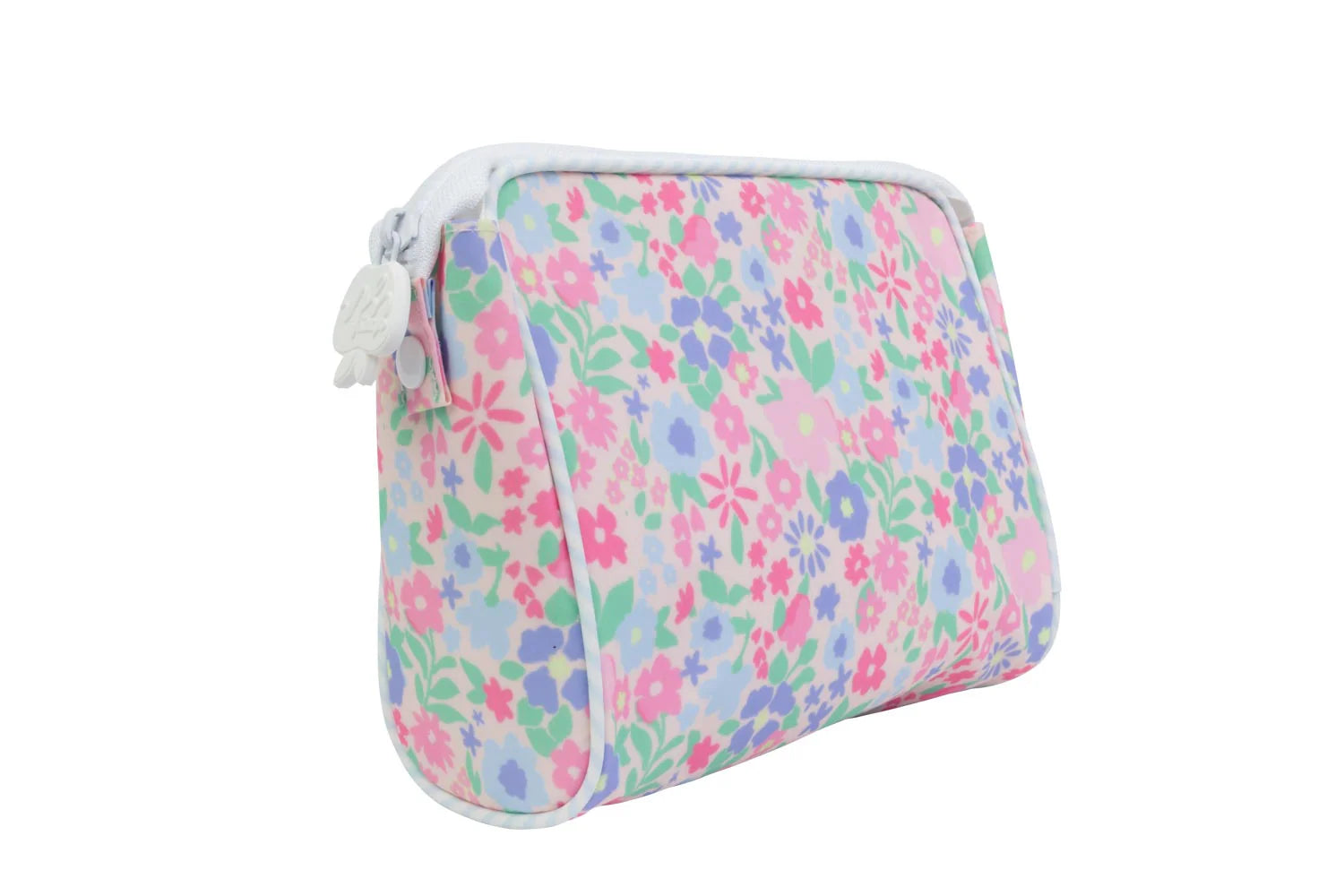 Floral patterned pouch with a zipper on a white background
