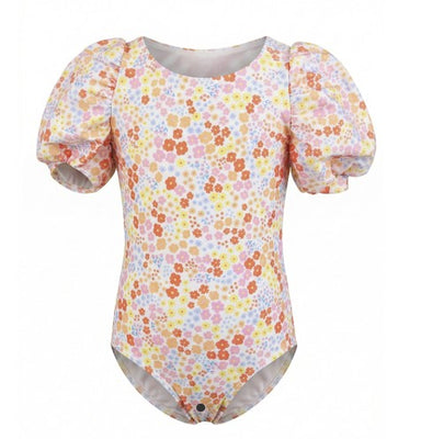 Floral-patterned swimsuit with puff sleeves on a white background