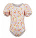 Floral-patterned swimsuit with puff sleeves on a white background