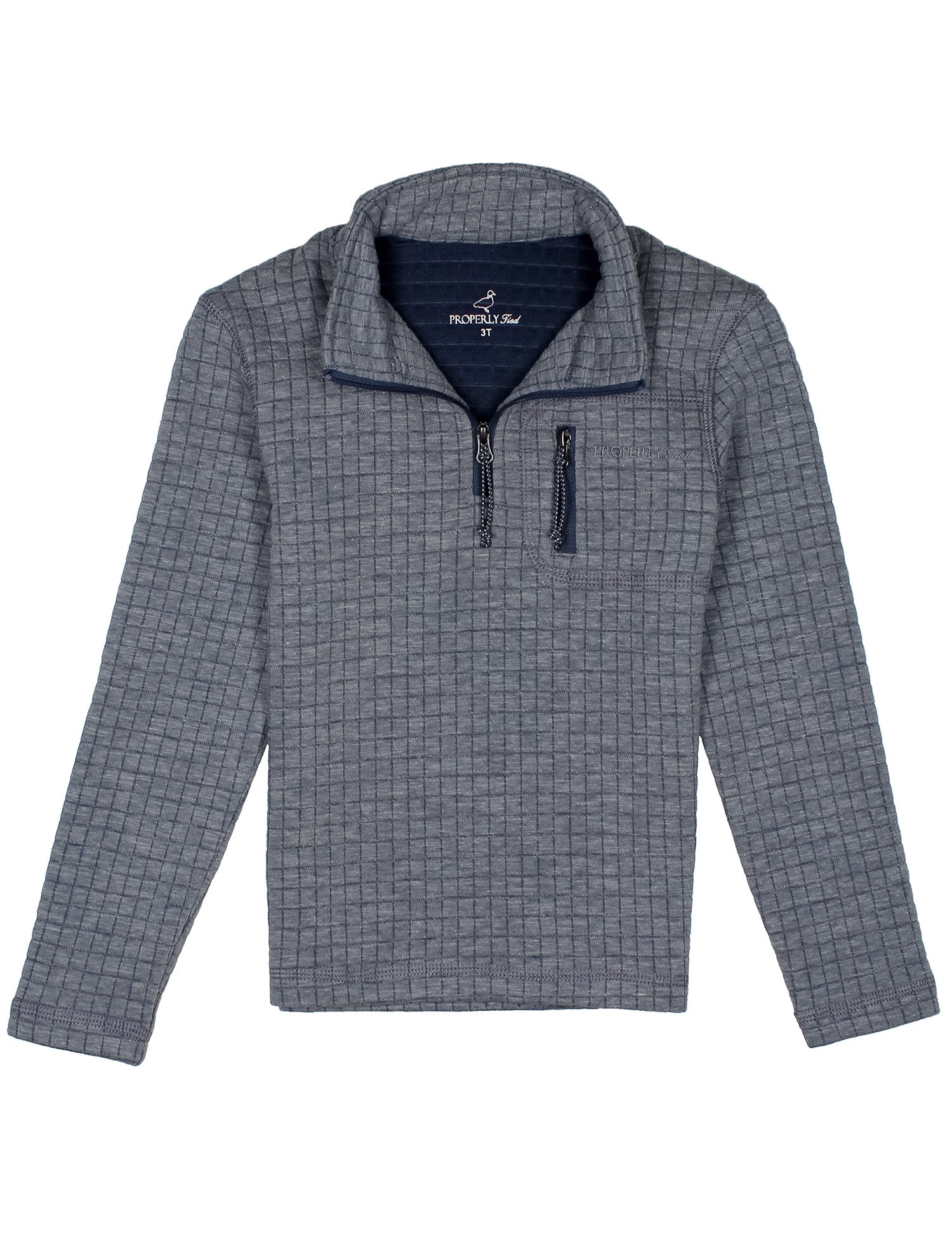 Dusk Blue checkered pullover with a zipper on a white background