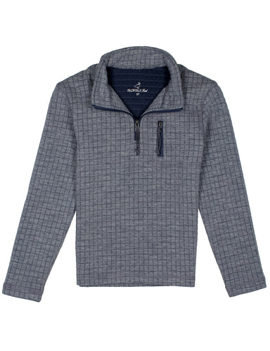 Dusk Blue checkered pullover with a zipper on a white background