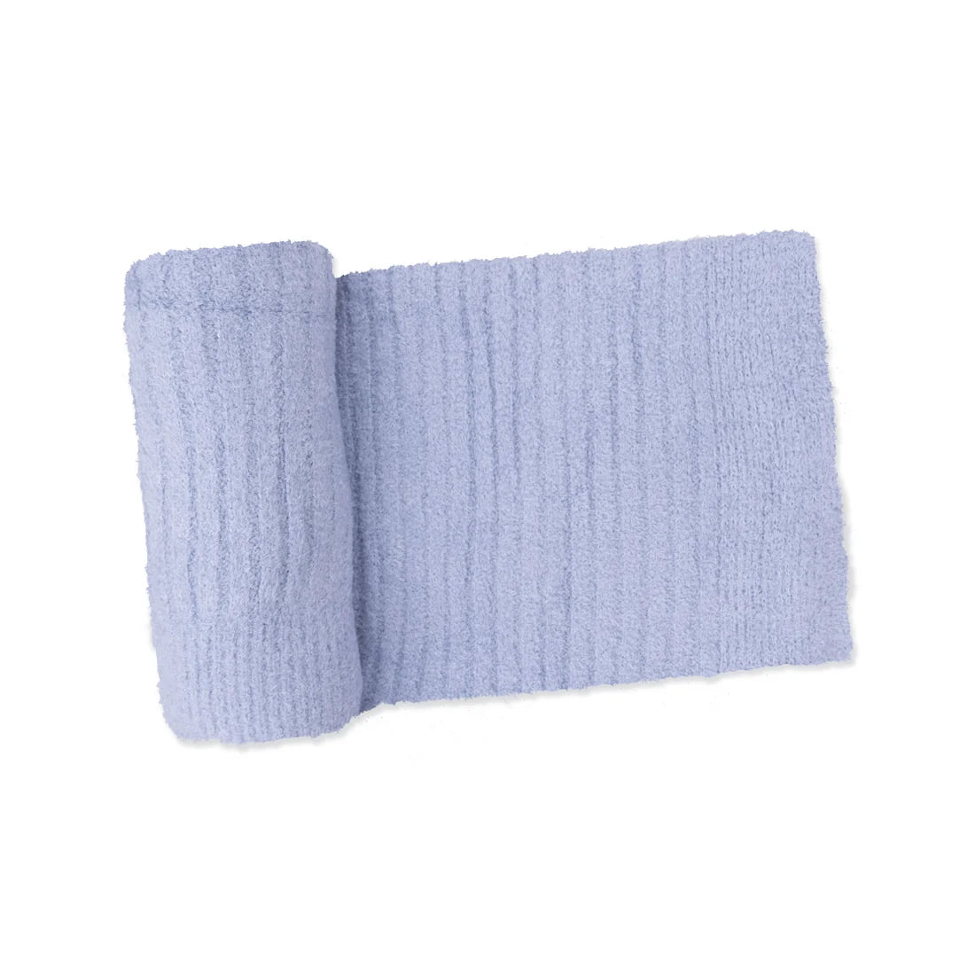 Dusty blue chenille blanket on a white background